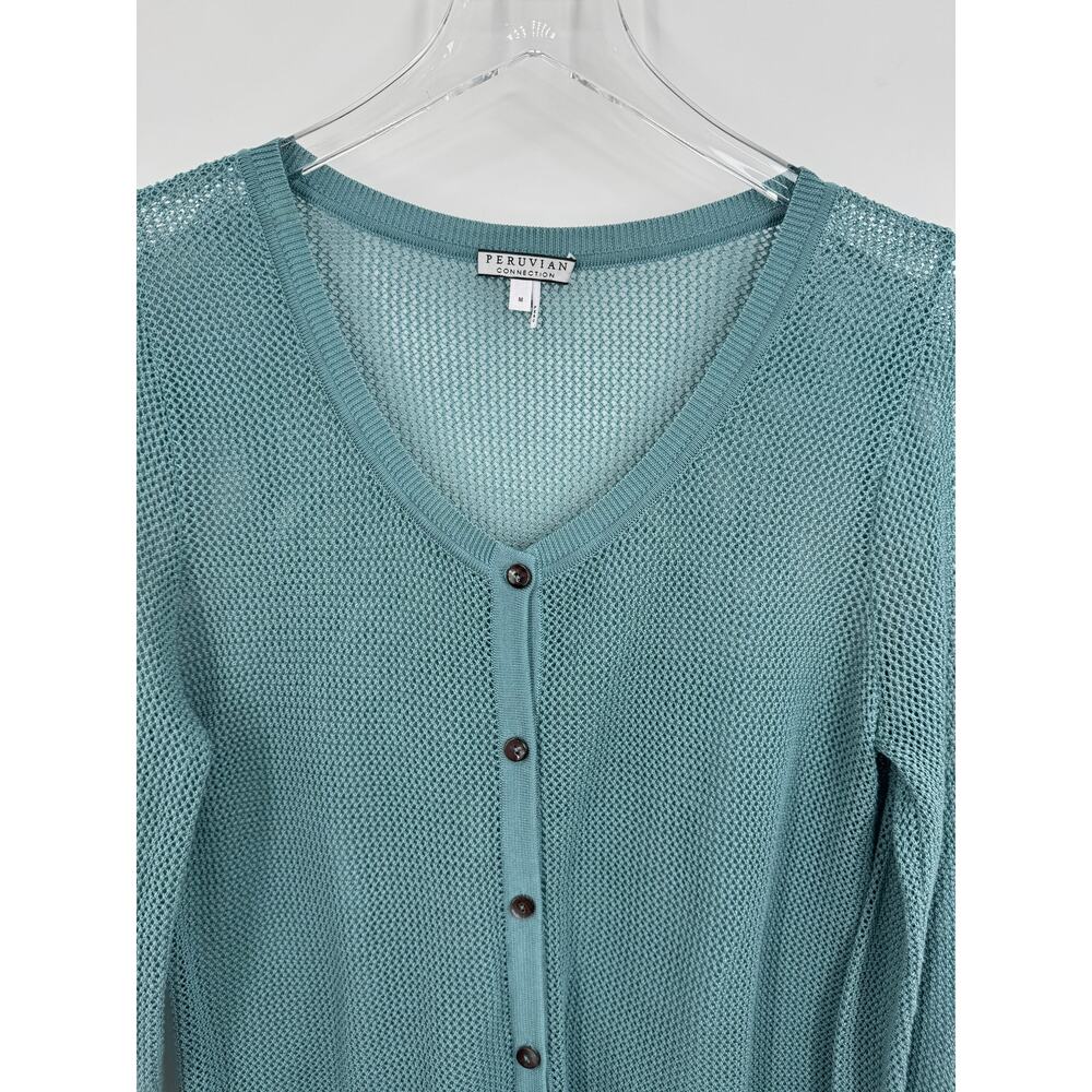 Peruvian Connection cardigan pima cotton M open knit mesh V neck button teal - Picture 2 of 7